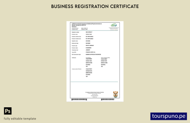 listo para imprimir certificado de registro de empresa de Sudáfrica Plantilla  1